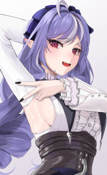 1girl absurdres ahoge arm_up armpits black_nails breasts commentary drill_hair fang grey_background hairband highres long_hair long_sleeves looking_at_viewer mole mole_under_eye open_mouth pointy_ears presenting_armpit purple_hair purple_hairband red_eyes sideboob simple_background smile solo spread_armpit upper_body vivian_banshee yu_soft029 zenless_zone_zero