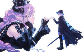 1boy 1girl black_cape black_gloves black_hat black_jacket black_leggings black_nails black_shorts cape crown detached_sleeves fingerless_gloves gloves grey_hair hat highres holding holding_sword holding_weapon horns jacket leggings long_hair master_detective_archives:_rain_code multicolored_hair pink_eyes pink_hair pinky_swear richost shinigami_(rain_code) short_hair shorts simple_background size_difference smile streaked_hair sword torn_cape torn_clothes weapon white_background yuma_kokohead