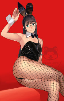 Rule 34 | 1girl, absurdres, alternate costume, animal ears, ass, black bow, black bowtie, black hair, black leotard, bow, bowtie, breasts, fake animal ears, fishnet pantyhose, fishnets, glasses, green eyes, highres, kantai collection, leotard, long hair, looking at viewer, ojipon, ooyodo (kancolle), pantyhose, playboy bunny, rabbit ears, red background, simple background, small breasts, smile, solo, strapless, strapless leotard, wrist cuffs