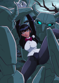 1girl 2boys arms_up bad_end black_hair black_jacket black_leotard black_pantyhose blunt_bangs bound bound_legs bound_wrists bow bowtie breasts captured carrying carrying_person collared_shirt dc_comics dc_super_hero_girls defeat gloves glowing glowing_eyes hair_behind_ear highres holding_another&#039;s_wrists horns imminent_rape immobilization jacket justice_league leg_up leotard lifting_person lips lipstick long_hair long_sleeves looking_at_viewer magic magician makeup medium_breasts monster multiple_boys open_clothes open_jacket pantyhose purple_bow purple_bowtie purple_lips restrained rock separated_legs shirt spread_legs tare-katsu upright_restraints white_shirt wide_spread_legs zatanna_zatara
