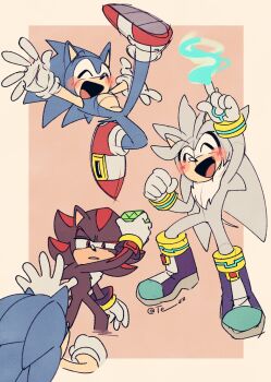 3boys animal_ears animal_nose arm_up blinking_inside_eyes blush boots border chaos_emerald closed_eyes commentary_request furry furry_male gloves highres holding male_focus multiple_boys open_mouth outside_border pink_background psychic red_eyes red_footwear shadow_the_hedgehog shoes silver_the_hedgehog simple_background smile sonic_(series) sonic_the_hedgehog standing tail tezz twitter_username white_gloves