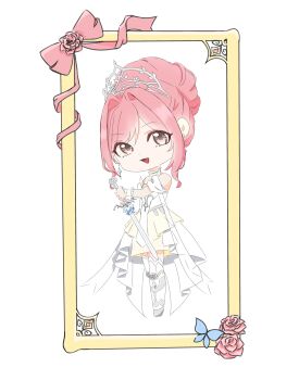 Rule 34 | 1girl, absurdres, anime coloring, armor, armored shoes, bare shoulders, blue butterfly, bow, breastplate, brown eyes, bug, butterfly, chibi, chinese commentary, choker, coattails, commentary request, diamond-shaped earrings, dot nose, dress, eyelashes, flower, frilled arm warmers, frilled choker, frilled dress, frills, grey shoes, hair bun, hair intakes, happy, highres, holding, holding sword, holding weapon, infinity nikki, insect, knee pads, looking at viewer, medium dress, melody bloom (infinity nikki), nikki (nikki), nikki (series), off-shoulder dress, off shoulder, open mouth, picture frame, pink bow, pink flower, pink hair, pink rose, pleated dress, rose, shoes, short hair with long locks, short sleeves, sidelocks, simple background, single hair bun, smile, solo, standing, swept bangs, sword, thighhighs, tiara, two-tone dress, updo, wavy hair, weapon, white arm warmers, white background, white choker, white dress, white thighhighs, yellow dress, yuanhui75523