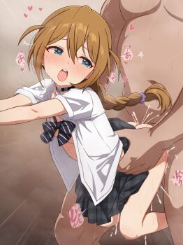 1boy 1girl absurdres alternate_costume baba_konomi black_bow black_bowtie black_choker blush bow bowtie braid brown_hair choker clothed_female_nude_male clothed_sex concept_gyarus_(idolmaster) cum diagonal-striped_bow diagonal-striped_bowtie diagonal-striped_clothes ejaculation green_eyes grey_skirt hair_between_eyes heart heart-shaped_pupils heart_choker held_up hetero highres idolmaster idolmaster_million_live! idolmaster_million_live!_theater_days lifting_person long_hair looking_back loose_bowtie milliani nude open_clothes open_mouth open_shirt plaid_clothes plaid_skirt sex sex_from_behind shirt short_sleeves single_braid skirt standing striped_bow striped_bowtie striped_clothes symbol-shaped_pupils two_side_up white_shirt