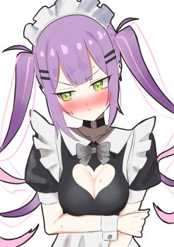 1girl absurdres alternate_costume apron arms_under_breasts black_choker black_dress blush breasts choker cleavage cleavage_cutout closed_mouth clothing_cutout dress ear_piercing green_eyes hair_ornament hairpin heart_cutout highres hololive long_hair looking_at_viewer looking_to_the_side maid maid_headdress medium_breasts multicolored_hair o-ring o-ring_choker piercing pink_hair pointy_ears purple_hair solo streaked_hair tokoyami_towa twintails uw_chanmaru very_long_hair virtual_youtuber white_apron white_headdress white_wrist_cuffs wrist_cuffs