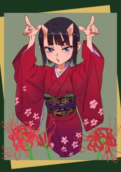 1girl arms_up black_hair blush commentary_request flower horns index_fingers_raised japanese_clothes kimono looking_at_viewer okuribi oni open_mouth original purple_eyes red_kimono short_hair solo spider_lily thick_eyebrows