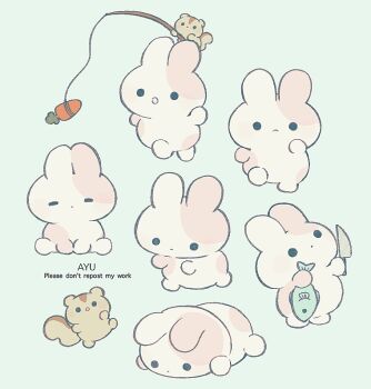 Rule 34 | :<, :o, animal, animal focus, artist name, ayu (mog), blue background, carrot on stick, closed eyes, closed mouth, commentary, commentary request, english commentary, fish, holding, holding animal, holding fish, holding knife, knife, mixed-language commentary, multiple views, no humans, open mouth, original, rabbit, romaji commentary, simple background, solid circle eyes, squirrel, watermark