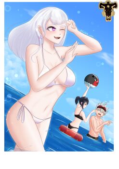 1boy 1girl 2girls absurdres asta_(black_clover) beach bikini bikini_top black_clover closed_eyes gibb_san highres multiple_girls noelle_silva purple_eyes secre_swallowtail solo swimsuit water white_hair