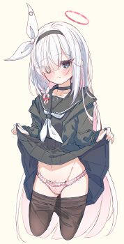 1girl :&lt; absurdres black_choker black_coat black_eyes black_hairband black_pantyhose black_sailor_collar black_serafuku black_shirt black_skirt blue_archive bow bow_panties braid brown_pantyhose choker closed_mouth clothes_lift clothes_pull coat collarbone commentary cropped_legs eyes_visible_through_hair hair_over_one_eye hairband halo highres kanikama_acedia lifting_own_clothes long_hair long_sleeves looking_at_viewer navel neckerchief panties pantyhose pantyhose_pull pink_hair pink_halo pink_panties plana_(blue_archive) red_halo red_pupils sailor_collar sailor_shirt school_uniform serafuku shirt side_braid simple_background single_braid skirt skirt_lift solo underwear very_long_hair white_background white_hair white_hairband white_neckerchief