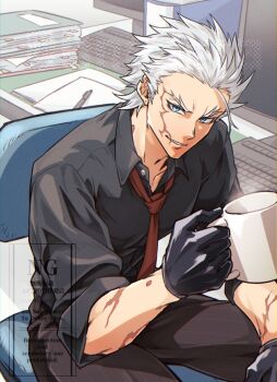 Rule 34 | 0nodera, 1boy, black gloves, black shirt, blue eyes, collared shirt, commentary request, computer keyboard, contemporary, cup, fate/grand order, fate (series), gloves, holding, holding cup, indoors, looking at viewer, male focus, mug, nagakura shinpachi (fate), necktie, parted lips, pen, red necktie, scar, scar on arm, scar on face, shirt, short hair, short sleeves, sitting, solo, white hair