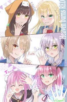 6+girls absurdres aikawa_megumi asakura_karen_(heaven_burns_red) blonde_hair braid brown_hair commentary_request glasses green_eyes grey_hair greyscale hair_ornament hairpin heaven_burns_red highres izumi_yuki_(heaven_burns_red) kayamori_ruka kunimi_tama long_hair monochrome multiple_girls pink_eyes red_eyes short_hair smyin_rii toujou_tsukasa yellow_eyes