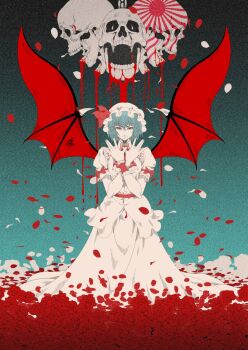 1girl ascot bat_wings blood blood_drip blue_hair bone bow brooch chain closed_mouth commentary_request cross crossed_arms dress fangs fine_art_parody fingernails flower frills full_body gradient_background hair_between_eyes hat hat_ribbon highres jewelry limited_palette long_skirt looking_at_viewer mob_cap moon nail_polish nihonga parody petals puffy_short_sleeves puffy_sleeves red_eyes red_flower red_moon red_ribbon red_rose red_theme remilia_scarlet ribbon rising_sun_flag rose rose_petals shirt short_hair short_sleeves skeleton skirt skirt_set skull smile solo standing straight-on sunburst teeth touhou ukiyo-e vampire wings wrist_cuffs yamada_satoshi