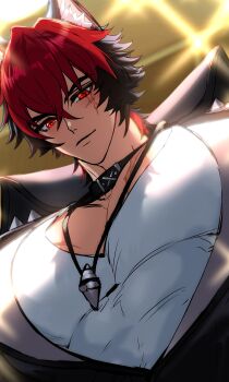 1boy absurdres animal_ears black_choker black_hair choker commentary dog_boy dog_ears english_commentary from_above hanaslime highres huge_pectorals jewelry komano_manato large_pectorals looking_down male_focus multicolored_hair muscular muscular_male necklace pectoral_cleavage pectoral_focus pectorals red_eyes red_hair scar scar_on_chest scar_on_face shirt white_shirt zenless_zone_zero