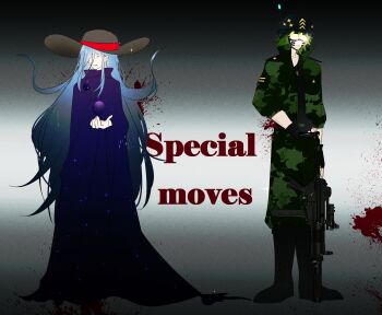 Rule 34 | 2boys, :d, black-framed eyewear, black background, black gloves, black helmet, black shirt, blood, blood splatter, blue hair, brown hat, camouflage, camouflage jacket, camouflage pants, cheek tattoo, chinese commentary, cloak, closed mouth, collarbone, commentary request, double-parted bangs, english text, film grain, fingerless gloves, flipped hair, frown, full body, gatling pea (plants vs. zombies), gloves, glowing, goggles, gradient background, gradient hair, green hair, green jacket, green pants, grin, gun, hair between eyes, hat, helmet, highres, holding, holding gun, holding weapon, jacket, large hat, legs together, long hair, long hair between eyes, looking at viewer, male focus, multicolored hair, multiple boys, no pupils, official alternate costume, open mouth, pants, personification, plants vs. zombies, plants vs. zombies 2, puffy pants, puffy sleeves, purple cloak, shadow peashooter (plants vs. zombies), shirt, short hair, sidelocks, siiiiiiiiiii, simple background, smile, sparkle, standing, star (symbol), star print, tattoo, three-quarter sleeves, tinted eyewear, trap, very long hair, weapon, white background, white eyes, yellow-tinted eyewear