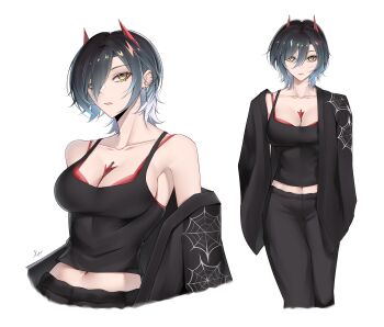 Rule 34 | 1girl, absurdres, azur lane, bare shoulders, black hair, black jacket, black pants, black tank top, blue hair, breasts, casual, cleavage, clothes pull, commentary, crop top, ear piercing, expressionless, gradient hair, hair between eyes, hands in pockets, highres, horns, jacket, jacket pull, medium breasts, medium hair, multicolored hair, multiple views, navel, off shoulder, open clothes, open jacket, pants, piercing, slit pupils, solo, tank top, ulrich von hutten (azur lane), upper body, white hair, xuwasoo, yellow eyes