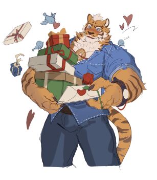1boy absurdres animal_ears bara bird blue_shirt blush box collarbone commentary english_commentary flower furry furry_male gift heart highres holding holding_box holding_flower holding_gift holding_letter letter lin_hu_(nekojishi) looking_at_viewer male_focus muscular muscular_male nekojishi official_alternate_costume open_mouth rose shirt sleeping sleeves_rolled_up smile tail tian_qi_qing tiger_boy tiger_ears tiger_stripes tiger_tail unfinished white_background zzz
