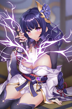 1girl absurdres arm_support armor bare_shoulders black_panties blurry blurry_background blush boots braid breasts bridal_gauntlets chinese_commentary cleavage collarbone commentary drawing_sword electricity eyelashes fan_hair_ornament floral_print flower genshin_impact glowing glowing_sword glowing_weapon hair_ornament hand_up highres holding holding_sword holding_weapon human_scabbard japanese_clothes kimono large_breasts long_hair long_sleeves looking_at_viewer low-braided_long_hair low-tied_long_hair mitsudomoe_(shape) mole mole_under_eye musou_isshin_(genshin_impact) mz_(yeye_ai_chipao_mian) neck_ribbon obi obiage obijime off_shoulder panties purple_boots purple_eyes purple_flower purple_hair purple_kimono raiden_shogun red_ribbon ribbon sash shiny_skin short_kimono shy sidelocks sitting solo sword sword_between_breasts tassel tatami thigh_boots thighhighs tomoe_(symbol) underwear very_long_hair weapon wide_sleeves yokozuwari