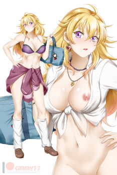 1girl bag beads blush bookbag bra breasts clothes_around_waist earrings groin hair_between_eyes hand_on_own_hip heart heart_earrings highres jacket jacket_around_waist jewelry kimmy77 large_breasts loafers long_bangs long_hair loose_socks nail_polish navel necklace nipples no_bra partially_undressed patreon_logo patreon_username pink_nails purple_bra purple_eyes ruby_rose rwby shirt shoes smile socks tied_shirt underwear watermark web_address white_background yang_xiao_long