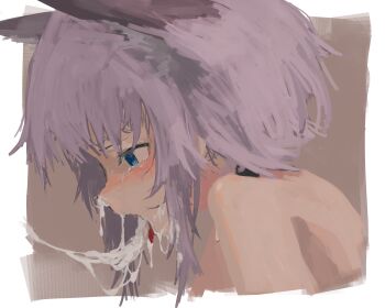 1girl absurdres after_fellatio animal_ears arknights blue_eyes blush codemoretech commentary cum cum_bubble cum_in_mouth cum_in_nose cum_on_tongue cum_string dated_commentary empty_eyes female_focus fox_ears fox_girl half-closed_eyes highres loli nose_blush open_mouth pink_hair profile short_hair solo sussurro_(arknights) tears tongue tongue_out upper_body