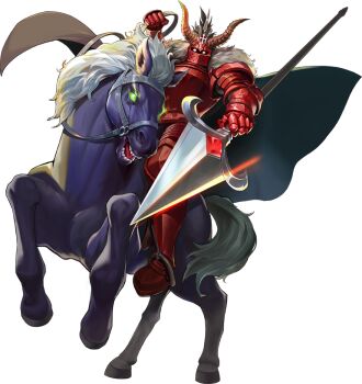 1boy armor artist_request cape demon_(megami_tensei) eligor_(megami_tensei) fake_horns full_armor fur-trimmed_cape fur_trim glowing glowing_eyes green_eyes helmet holding holding_polearm holding_weapon horned_helmet horns horse horseback_riding official_art open_mouth persona persona_5 persona_5:_the_phantom_x polearm riding shin_megami_tensei stirrups_(riding) teeth third-party_source transparent_background weapon