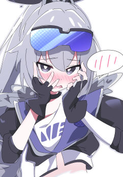 1girl absurdres black_gloves black_jacket blush bright_pupils commentary_request crop_top cropped_jacket dot_nose double-parted_bangs embarrassed eyewear_on_head fingerless_gloves gloves gradient-tinted_eyewear grey_eyes grey_hair hands_on_own_face highres honkai:_star_rail honkai_(series) hutsugyou jacket long_hair looking_at_viewer purple-tinted_eyewear purple_jacket shirt silver_wolf_(honkai:_star_rail) simple_background solo tinted_eyewear two-sided_fabric two-sided_jacket upper_body white_background white_pupils white_shirt