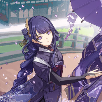 1girl blue_pupils blunt_bangs blurry blurry_background braid chinese_commentary commentary_request falling_petals flower flower_ornament from_side genshin_impact hair_ornament head_tilt highres holding holding_umbrella japanese_clothes kimono long_braid long_hair looking_at_viewer looking_to_the_side mole mole_under_eye multicolored_eyes multicolored_hair official_alternate_costume oil-paper_umbrella open_mouth outdoors petals purple_eyes purple_kimono raiden_shogun red_sash sash single_braid solo standing streaked_hair umbrella upper_body wisteria yiyiyiyi670