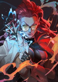 1girl absurdres bossan_3310 breasts commentary crimson_viper dark-skinned_female dark_skin electricity electrokinesis gloves highres large_breasts long_hair mature_female necktie_aside orange-tinted_eyewear red_hair solo street_fighter street_fighter_6 sunglasses tinted_eyewear