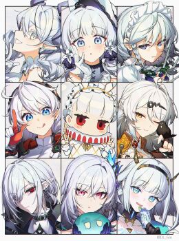 6+girls absurdres arknights azur_lane blue_eyes character_request copyright_request dl_(dl_6ix) genshin_impact gladiia_(arknights) grey_eyes grey_hair highres honkai_(series) honkai_impact_3rd illustrious_(azur_lane) izayoi_sakuya kiana_kaslana long_hair multicolored_eyes multiple_girls red_eyes skirk_(genshin_impact) smile touhou two-tone_eyes upper_body yellow_eyes yixuan_(zenless_zone_zero) zenless_zone_zero