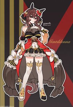 1girl animal_ears asymmetrical_footwear blush braid braided_hair_rings breasts brown_hair commentary commission corset ear_covers ear_ornament english_commentary gentildonna_(regina_dei_fiori)_(umamusume) gentildonna_(umamusume) hair_between_eyes hair_ornament hair_rings heart-shaped_ornament heart_ear_ornament highres horse_ears horse_girl horse_tail large_breasts long_hair looking_at_viewer mismatched_footwear parted_lips red_corset red_eyes saramiao-chan see-through_cleavage see-through_clothes shoes smile solo tail thighhighs umamusume white_thighhighs