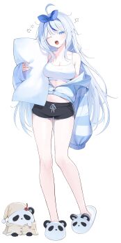 1girl absurdres ahoge aokumo_rin bare_legs bare_shoulders black_shorts blue_eyes blue_jacket breasts camisole cleavage collarbone colored_eyelashes commentary crop_top dolphin_shorts drawstring hair_ribbon highres hugging_object jacket large_breasts long_hair long_sleeves looking_at_viewer midriff multicolored_hair off_shoulder one_eye_closed open_mouth pillow pillow_hug ribbon shirt short_shorts shorts simple_background sleeveless sleeveless_shirt slippers solo spaghetti_strap stellive stomach streaked_hair thighs very_long_hair virtual_youtuber white_background white_eyelashes white_hair white_shirt yireh