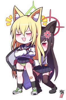 Rule 34 | 2girls, :d, anger vein, animal ear fluff, animal ears, bandaid, bandaid on leg, black gloves, black hair, black sailor collar, black shoes, black socks, black thighhighs, blonde hair, blue archive, blush, cameltoe, chibi, chibi only, closed eyes, clothes lift, commentary request, cross-laced shoes, crossed arms, doyagao, facing viewer, fox ears, fox girl, full body, gloves, green halo, green panties, grey shoes, hair between eyes, halo, jitome, korean commentary, kurumi (blue archive), lifting another&#039;s clothes, loafers, long hair, long sleeves, looking at another, miniskirt, multiple girls, neckerchief, notice lines, open mouth, outline, panties, pleated skirt, prank, red eyes, red gloves, red halo, red neckerchief, sailor collar, school uniform, serafuku, shasa2456, shield, shirt, shoes, signature, simple background, skirt, skirt lift, smile, smug, sneakers, socks, standing, straight hair, thigh strap, thighhighs, triangle halo, underwear, v-shaped eyebrows, very long hair, white background, white outline, white shirt, yukino (blue archive), zettai ryouiki