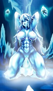 1girl abs absurdres armpits arms_behind_head arms_up aura blue_aura blue_hair blue_nipples blue_sclera blue_skin blue_tongue breasts breasts_apart cave_interior collarbone colored_eyelashes colored_nipples colored_sclera colored_skin colored_tongue completely_nude double-parted_bangs fat_mons flipped_hair floating fog frozen full_body groin hair_between_eyes highres ice icicle kneeling large_breasts large_variant_set legs_apart legs_folded lips long_hair messy_hair monster muscular muscular_female muscular_legs narrow_waist navel ningyoushi nipples no_irises no_pupils nude object_insertion open_mouth perky_breasts petrification pupiless_eyes pussy raised_eyebrows seiza shiny_skin sidelocks sitting solid_eyes statue straight-on swept_bangs the_vagrant thick_eyelashes thick_thighs thighs tongue tongue_out transformation turning_head vaginal vaginal_object_insertion variant_set very_long_hair vivian_(the_vagrant) wavy_mouth