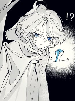 !? 1boy 1girl animal bare_arms blue_eyes capelet closed_mouth commentary_request furina_(genshin_impact) genshin_impact greyscale hair_between_eyes hetero heterochromia highres looking_at_another mapopopo333 monochrome neuvillette_(genshin_impact) ocean short_hair white_capelet