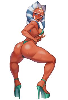 1girl ahsoka_tano alien ass bikini blue_eyes breasts colored_skin green_bikini green_shoes highres looking_at_viewer looking_back medium_breasts omega_haunter orange_skin platform_heels shoes solo star_wars sweat swimsuit togruta v