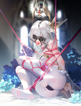 Rule 34 | 1girl, absurdres, arms behind back, ball gag, bdsm, bed sheet, bilingual commentary, blindfold, blue flower, blue ribbon, blurry, blurry background, blush, bodysuit, bondage, bound, bound ankles, bound arms, bound legs, bound thighs, bound torso, breasts, chinese commentary, commentary, commentary request, commission, double-parted bangs, double v, english commentary, feet, floating headgear, flower, flowerscur, gag, hair between eyes, hair flower, hair ornament, hair ribbon, headgear, highres, indoors, long hair, medium breasts, mixed-language commentary, no shoes, original, pixiv commission, red rope, remote control vibrator, ribbon, rope, saliva, sex toy, shibari, shibari over clothes, skindentation, soles, solo, toes, v, variant set, very long hair, vibrator, vibrator cord, white bodysuit, white flower