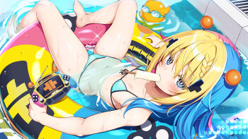 Rule 34 | 1girl, barefoot, bikini, blonde hair, blue bikini, blue hair, breasts, eating, feet, food, food in mouth, handheld game console, highres, holding, holding handheld game console, innertube, mahjong fight girl, pink hair, popsicle, popsicle in mouth, small breasts, solo, swim ring, swimsuit, toes, toy-toy, utsurogi akira, water
