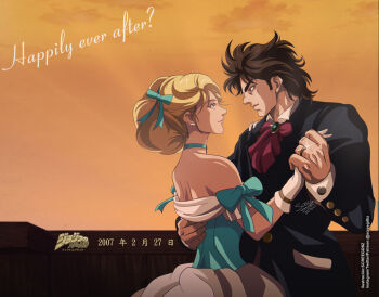 1boy 1girl anime_coloring ascot black_jacket blonde_hair blue_bow blue_choker blue_dress bow brown_hair choker couple dress english_text erina_pendleton from_side gloves holding_hands husband_and_wife jacket jewelry jojo_no_kimyou_na_bouken jonathan_joestar looking_at_another multicolored_dress phantom_blood phantom_blood_(movie) red_ascot ring screegdbz tuxedo upper_body waltz_(dance) white_dress white_gloves