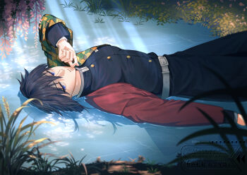 1boy 9dognonbot belt black_hair black_jacket black_pants blue_eyes buttons commentary_request demon_slayer_uniform gold_buttons hair_between_eyes high_collar highres jacket kikkoumon kimetsu_no_yaiba long_hair looking_at_viewer lying male_focus on_back pants parted_lips solo spiked_hair tomioka_giyuu watermark white_belt