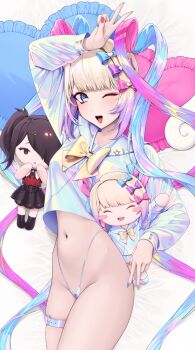 1girl ame-chan_(needy_girl_overdose) arm_up bed_sheet belt blonde_hair blue_belt blue_bow blue_eyes blue_hair blue_nails blue_panties blue_sailor_collar blue_serafuku blunt_bangs blush bow bowtie breasts character_doll chouzetsusaikawa_tenshi-chan collarbone doll eyeshadow fingernails gradient_belt gradient_clothes gradient_hair gradient_shirt hair_bow hashtag-only_commentary heart heart-shaped_pillow highleg highleg_panties highres long_hair long_sleeves looking_at_viewer makeup multicolored_hair multicolored_nails multicolored_shirt nail_polish navel needy_girl_overdose no_pants one_eye_closed open_mouth panties pillow pink_bow pink_eyeshadow pink_hair pink_nails purple_bow quad_tails sailor_collar school_uniform serafuku shirt shirt_overhang sleeves_past_wrists smile solo star_ornament stomach teeth thigh_belt thigh_strap thighs tongue underwear v v_over_head very_long_hair w waytok yellow_bow yellow_bowtie yellow_nails