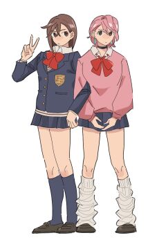 Rule 34 | 2girls, ayase momo, black shoes, blue jacket, blue skirt, blue socks, bow, bowtie, brown eyes, brown hair, commentary, cosplay, costume switch, dandadan, earrings, full body, jacket, jewelry, looking at viewer, loose socks, multiple girls, pink hair, pink sweater, pleated skirt, red bow, red bowtie, shiratori aira (dandadan), shoes, simple background, skirt, socks, sweater, v, white background, white socks, wpous121