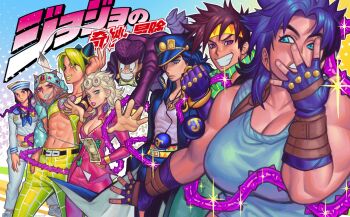 1boy 6+girls abs androgynous banknote battle_tendency belt black_hair blonde_hair blue_eyes blue_gloves blue_hair blue_hat blue_hoodie blue_lips bola_(weapon) braid breasts bun_with_braided_base cleavage cone_hair_bun copyright_name crop_top cropped_shirt diamond_wa_kudakenai dixie_cup_hat double_bun expressionless eyelashes fingerless_gloves genderswap genderswap_(ftm) genderswap_(mtf) giorno_giovanna gloves green_hair green_lips green_pants green_scarf hair_bun hand_in_own_hair hand_up hat headband heart_ornament hermit_purple higashikata_josuke higashikata_josuke_(jojolion) highres holding holding_weapon hood hoodie horseshoe_hat_ornament horseshoe_ornament jacket johnny_joestar jojo_no_kimyou_na_bouken jojo_pose jojolion jonathan_joestar jonathan_joestar's_pose joseph_joestar joseph_joestar_(young) kuujou_jolyne kuujou_joutarou large_breasts lipstick long_coat long_hair looking_at_viewer low_twin_braids makeup medium_hair midair military_hat money multicolored_hair multiple_belts multiple_girls muscular muscular_female muscular_male namnums navel pants parted_lips peaked_cap phantom_blood pink_jacket pink_lips pink_pants plant pompadour purple_gloves purple_hair sailor sailor_collar sailor_hat scarf school_uniform shirt short_hair short_sleeves sparkle spider_web_print spiked_hair stand_(jojo) star_(symbol) star_print stardust_crusaders steel_ball_run stone_ocean striped_clothes striped_scarf studded_gloves thorns tooth_gap trap twin_braids two-tone_hair vento_aureo victory_rolls vines weapon white_pants white_shirt wide-eyed yellow_headband