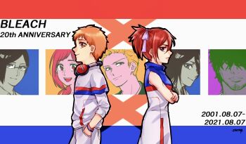 Rule 34 | 1046sstep btoh, 3girls, 4boys, abarai ichika, anniversary, black hair, bleach, bleach: epilogue, commentary request, copyright name, crossed arms, dated, dress, facial hair, glasses, goatee, green eyes, hair over eyes, hair ribbon, hands in pockets, headphones, highres, inoue orihime, ishida uryuu, kuchiki rukia, kurosaki ichigo, kurosaki kazui, multiple boys, multiple girls, orange hair, ponytail, red eyes, red hair, ribbon, sado yasutora, signature