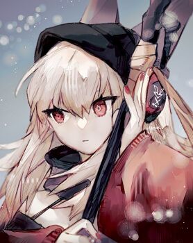 Rule 34 | 1girl, :|, animal ears, arknights, arm up, averting eyes, black collar, black hat, closed mouth, collar, commentary request, detached collar, expressionless, frostleaf (arknights), hair between eyes, hand up, hat, headphones, holding, holding polearm, holding weapon, long hair, one-hour drawing challenge, partial commentary, polearm, portrait, red eyes, red nails, red sleeves, signature, single bare shoulder, solo, ujoe 7hr, weapon, white hair, wide sleeves