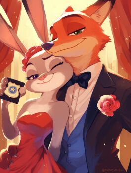 1boy 1girl arm_around_waist badge bare_shoulders black_bow black_bowtie black_jacket blue_vest bow bowtie breasts collared_shirt commentary_request corsage couple curtains dress flower fox_boy furry furry_female furry_male green_eyes hair_flower hair_ornament hetero highres holding_badge jacket medium_breasts one_eye_closed police_badge purple_eyes rabbit_girl red_dress red_flower shirt smile strapless strapless_dress suit_jacket tomoe00022 twitter_username upper_body vest waistcoat white_shirt zootopia
