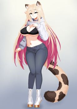 1girl animal_ear_fluff animal_ears barbariank black_bra blonde_hair boots bra breasts choker colored_inner_hair commentary commission drawstring english_commentary full_body gradient_background grey_background grey_choker grey_eyes grey_pants hair_between_eyes hand_on_own_chest highres hood hood_down hooded_shrug large_breasts long_hair long_sleeves looking_at_viewer multicolored_hair navel original pants pink_hair shrug_(clothing) simple_background smile solo standing stomach tail two-tone_hair underwear very_long_hair white_boots white_shrug