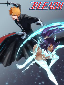 1boy 1girl 2022 alternate_form bankai bleach bleach:_sennen_kessen-hen blue_electricity breasts brown_eyes copyright_name dark-skinned_female dark_skin electricity electrokinesis hair_ears hair_ornament holding holding_sword holding_weapon kurosaki_ichigo large_breasts long_hair orange_hair ponytail purple_hair shihouin_yoruichi short_hair spiked_hair sword tensa_zangetsu_(bankai) thighs weapon wrykie yellow_eyes zanpakutou