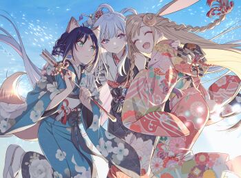 Rule 34 | 3girls, absurdres, alternate costume, alternate hairstyle, animal ears, arrow (projectile), blonde hair, blue kimono, blush, braid, chou kaguya-hime!, commentary request, crescent, crescent hair ornament, facial mark, floral print, floral print kimono, forehead mark, fox tail, green eyes, hair ornament, hand on another's shoulder, hechima (issindotai), highres, holding, holding arrow, iroha sakayori, japanese clothes, kaguya (chou kaguya-hime!), kimono, long hair, multiple girls, nail polish, official art, open mouth, pink kimono, pink nails, print kimono, purple hair, purple nails, rope, shimenawa, short hair, smile, swept bangs, tail, white hair, yachiyo runami