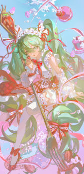 1girl absurdres blue_sky commentary flower food fork fruit green_eyes green_hair hatsune_miku highres long_hair mochi number_tattoo sky solo strawberry strawberry_miku_(morikura) tattoo twintails vocaloid white_flower youtuanzi