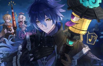 1girl 2boys aether_(genshin_impact) ahoge black_coat black_gloves blonde_hair blue_hair braid coat collared_coat commentary_request flins_(genshin_impact) genshin_impact gloves hair_between_eyes hair_ornament halo hand_on_own_chest holding holding_polearm holding_umbrella holding_weapon long_hair long_sleeves male_focus multiple_boys musical_note paimon_(genshin_impact) parted_lips polearm spoken_musical_note suitchi_(gn4othi61) tamayuratei_no_ohanashi toukabou_shigure twitter_username umbrella weapon white_hair yellow_eyes