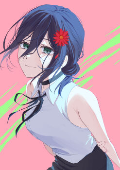 1girl absurdres arms_behind_back black_choker black_ribbon blue_hair chainsaw_man choker closed_mouth collared_shirt flower green_eyes hair_between_eyes hair_flower hair_ornament highres looking_at_viewer mahiru_yura neck_ribbon pink_background red_flower reze_(chainsaw_man) ribbon shirt shirt_tucked_in sleeveless sleeveless_shirt solo white_shirt