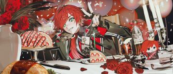 1boy arm_up balloon birthday birthday_cake black_gloves bow cake cake_slice candle candlestand cleavage_cutout clothing_cutout confetti crown fingerless_gloves flower food fork gloves green_eyes hair_between_eyes high_collar highres jacket jewelry key key_necklace kome_non lauren_iroas lauren_iroas_(1st_costume) long_hair looking_at_viewer male_focus mini_crown necklace nijisanji open_clothes open_jacket ponytail red_bow red_flower red_hair red_rose rose side_ponytail smile solo strawberry_shortcake stuffed_toy upper_body v virtual_youtuber